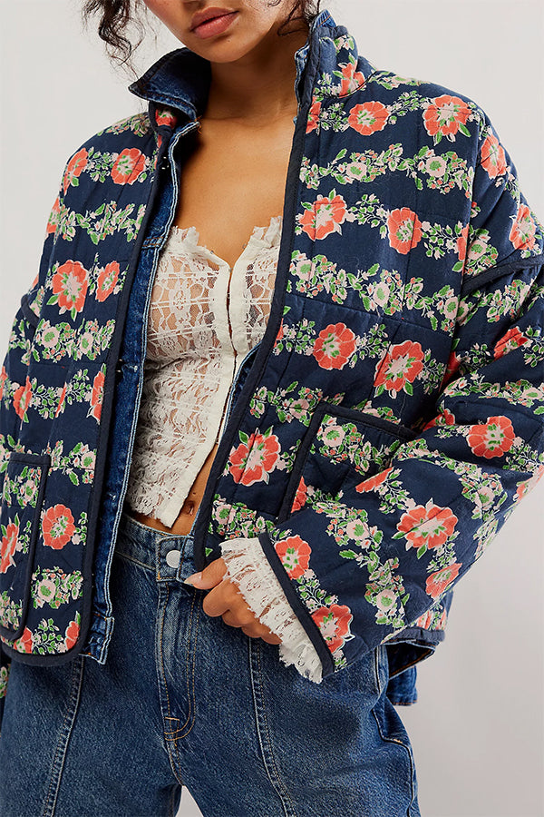 Floral Print Pocket Contrast Concealed Button Cotton Coat