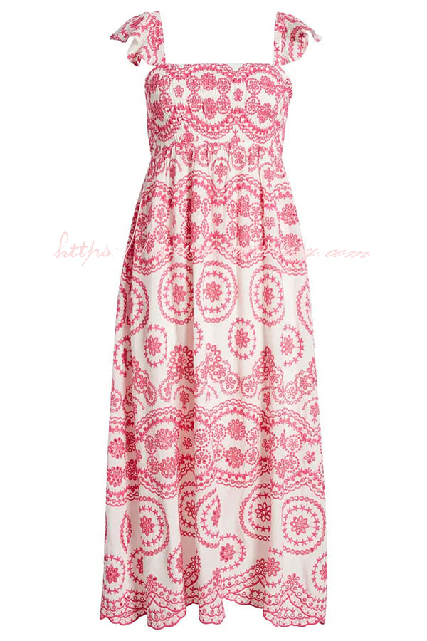 Darling & Dainty Embroidery Style Unique Print Smocked Midi Dress