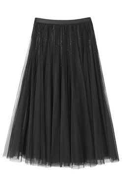 Ravishing Shiny Fabric Mesh Tulle Elastic Waist Midi Skirt