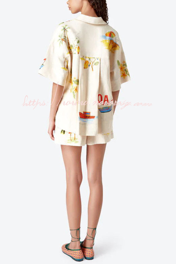 Hello Summer Linen Blend Hand-painted Print Blouse and Elastic Waist Pocketed Shorts Set