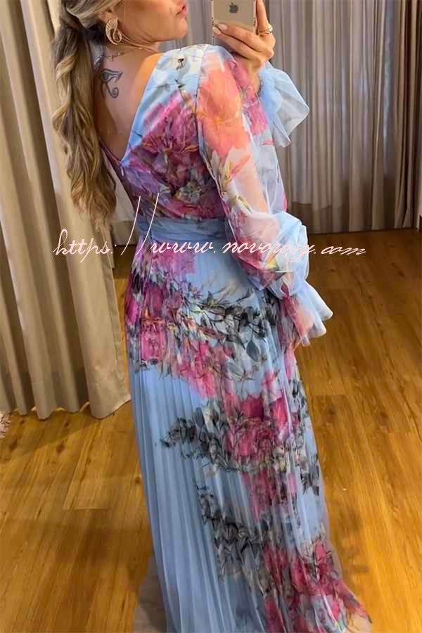 Sweet Sayings Watercolor Floral Patchwork Tulle Pleated Maxi Dress