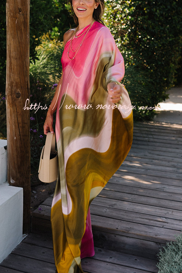 Summertime Favorites Satin Tie Dye Print One Shoulder Drape Vacation Maxi Dress