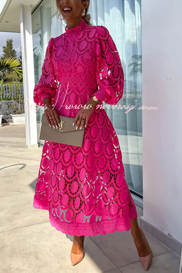 Romantic, Sensual and Elegant Crochet Lace Lantern Sleeve Party Midi Dress