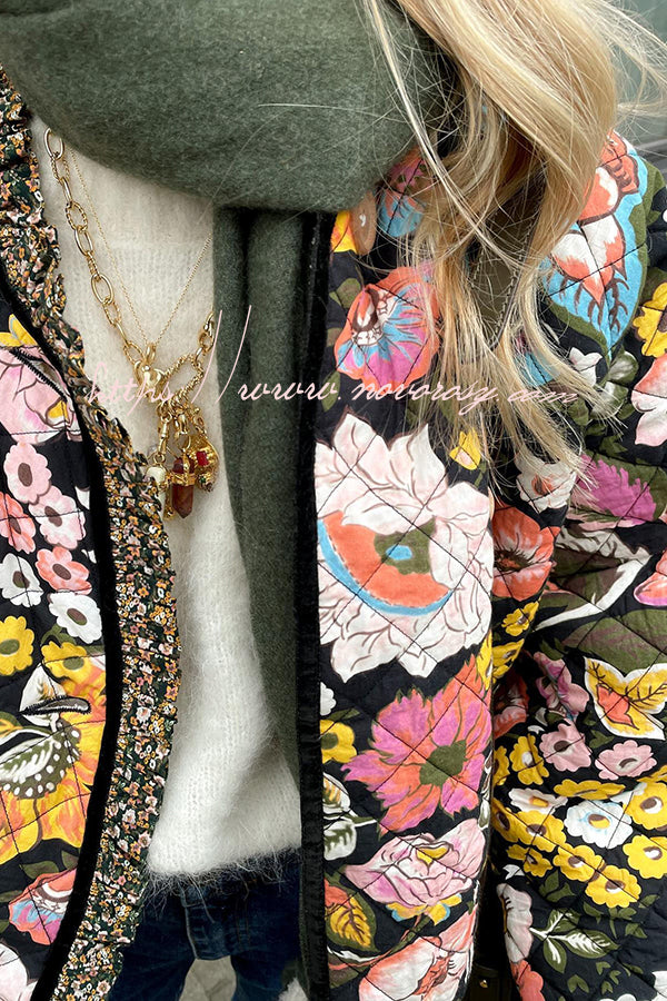 Vintage Flower Print Button Up Quilted Sherpa Jacket