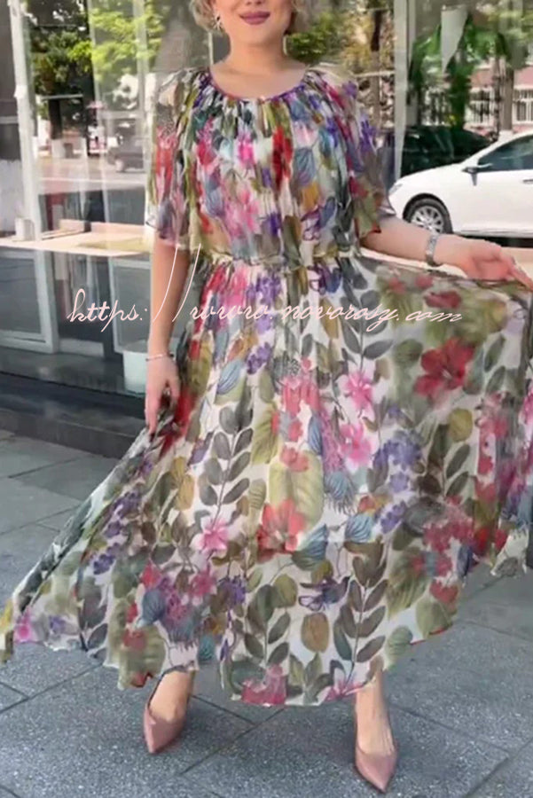 Floral Print Elasticated Waist Pleated Maxi Dress