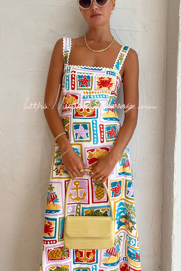Salty Summer Days Funny Printed Wave Trim Square Collar Maxi Dress