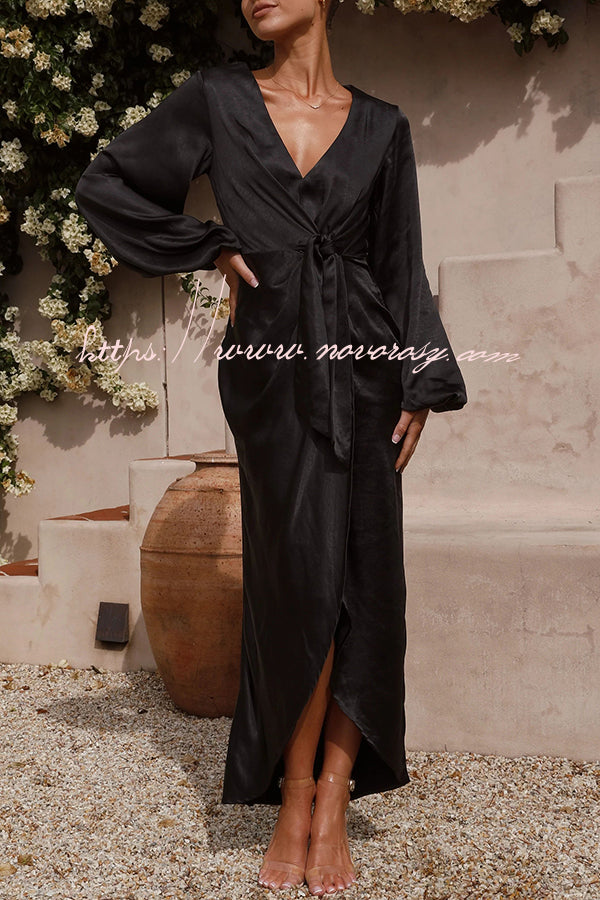 Naomi Satin Strappy V Neck Long Sleeved Wrap Dress