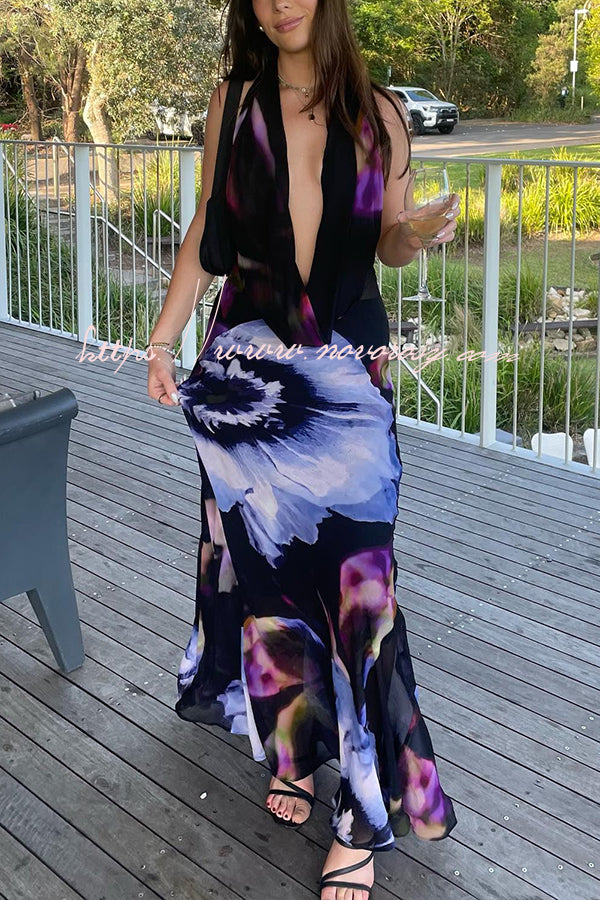 Bold and Sexy Tie-dye Abstract Floral Halter Drape Neck Backless Maxi Dress