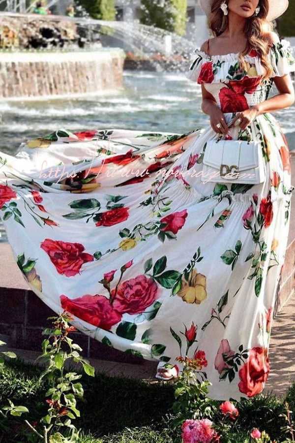 Glamorous Rose Print Patchwork Pleated High Waisted Maxi Dress