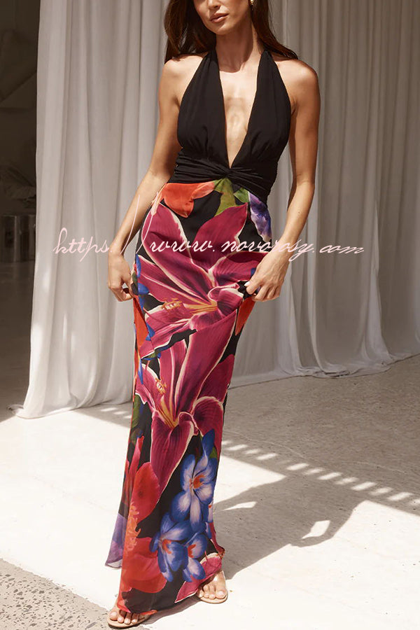 Date Night Contrast Fabric Floral Print Twist Waist Halter Maxi Dress