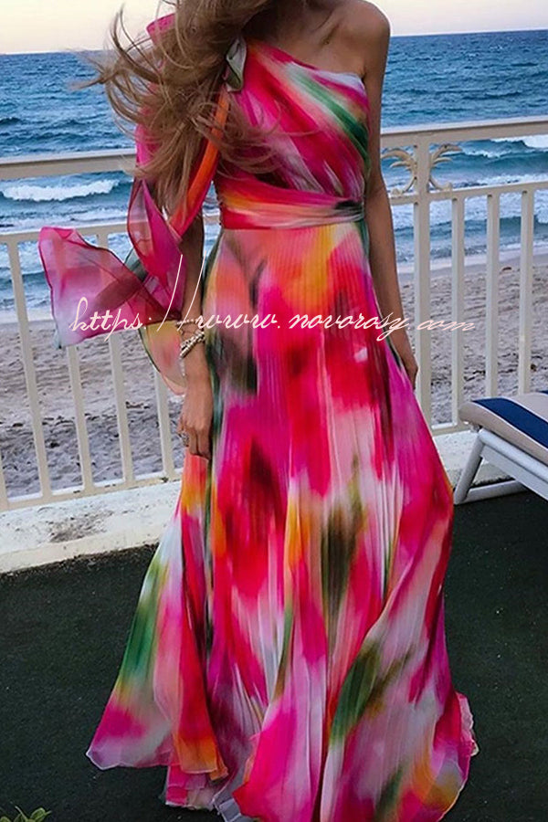 Multicolor Printed High Waisted One Shoulder Pleated Tie Maxi Dress