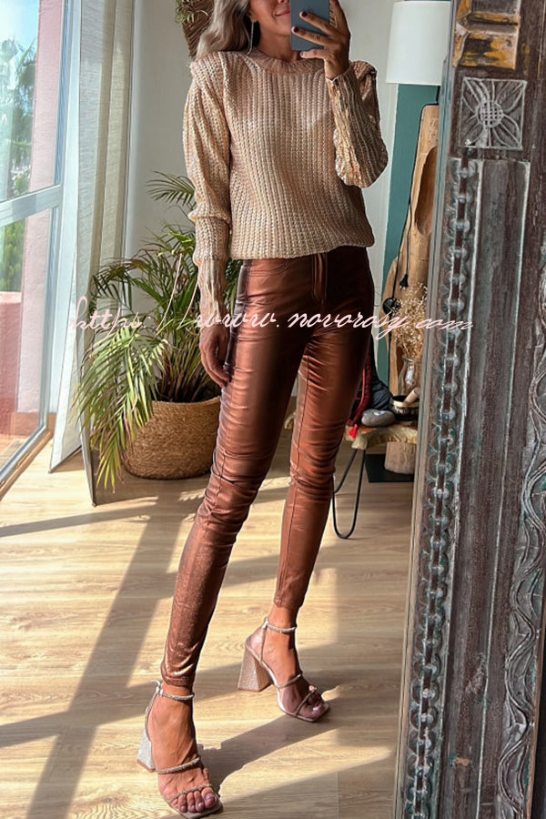 Sweet and Glitzy Metallic Color Pocket Faux Leather Stretch Pants