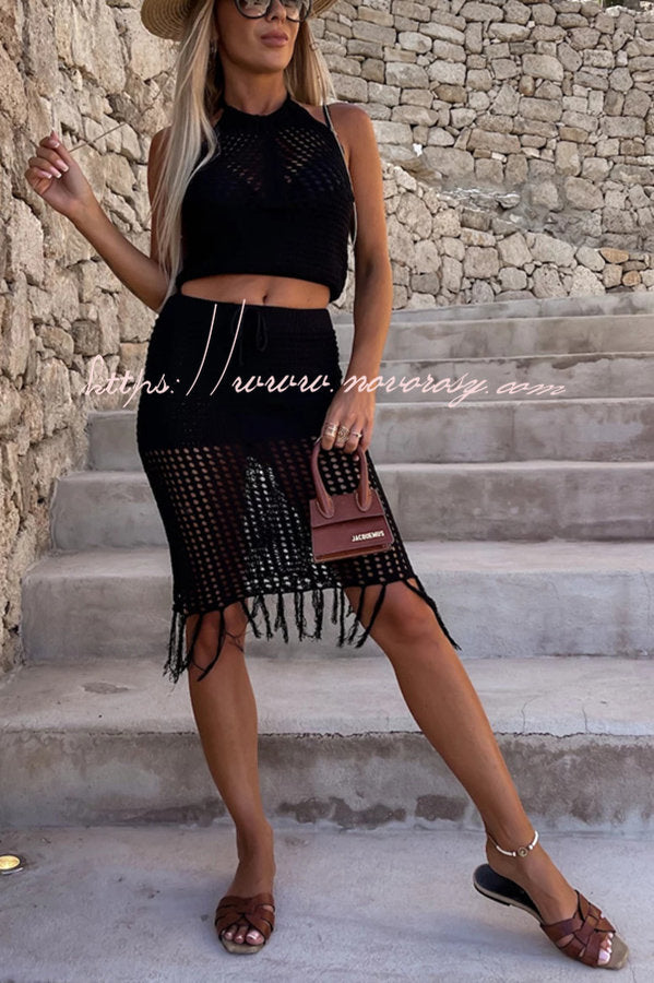 Elayna Knit Hollow Out Halter Top and Drawstring Waist Tassel Skirt Set