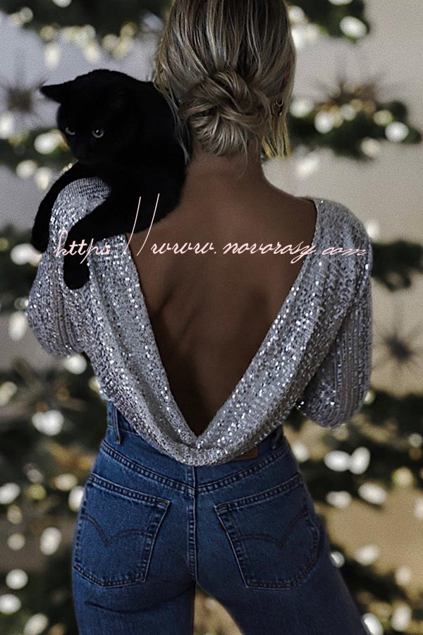 Midnight in London Silver Sequin Cowl Back Bodysuit