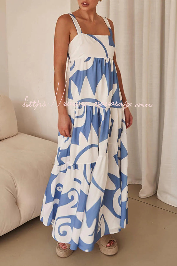 Bohemian Style Geometric Print Back Smocked Loose Maxi Dress