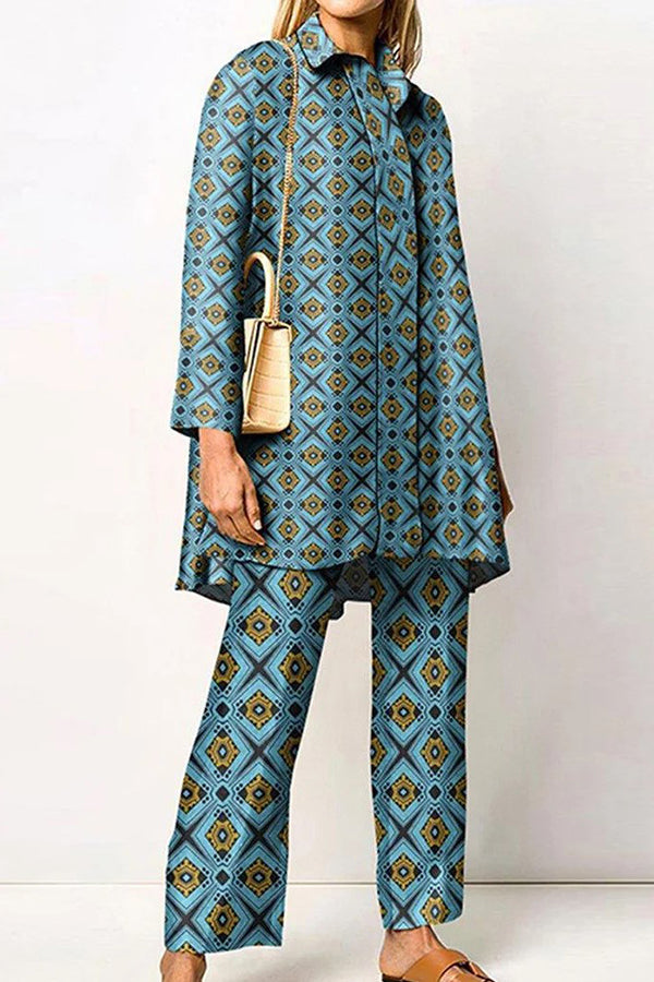 Geometric Print Lapel Long Sleeved Top and Pants Two Piece Set