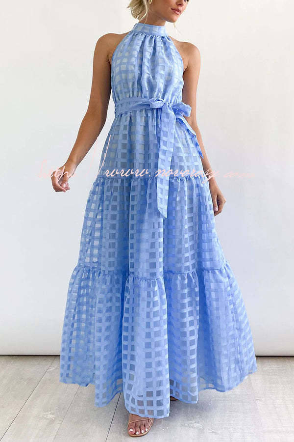 Elena Tulle Square Patterned Fabric Belted Halter Maxi Dress