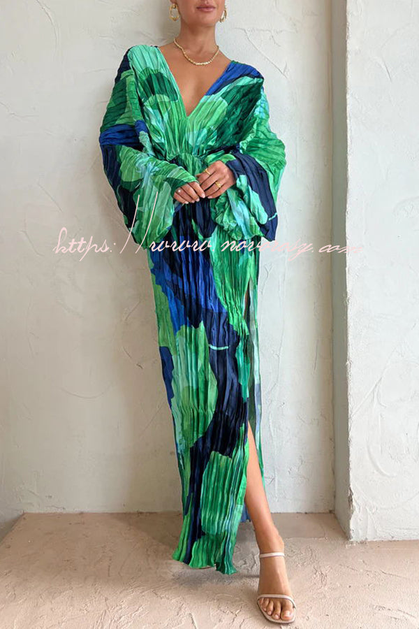 Tropical Oasis Capri Print Kimono Sleeve Pleated Cocoon Maxi Dress