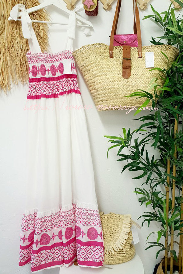 Malibu Villa Ethnic Printed Smocked Shoulder Tie Maxi Dress