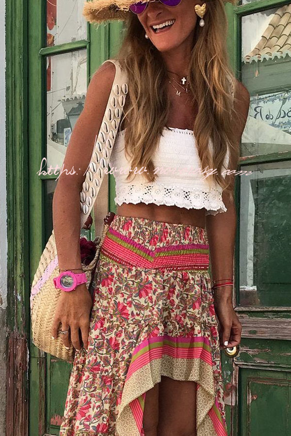 Blooming for You Floral Boho Printed Smocked Waist High Low Maxi Skirt
