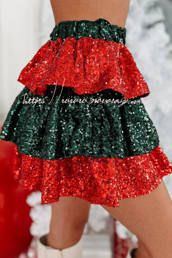 Little Christmas Magic Elastic Waist Tiered Sequin Mini Skirt