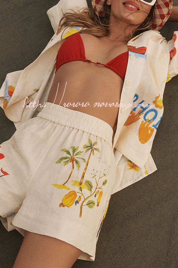 Hello Summer Linen Blend Hand-painted Print Blouse and Elastic Waist Pocketed Shorts Set