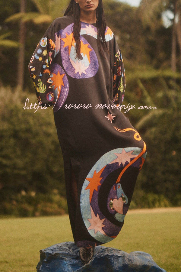Mostly Magic Satin Unique Print Slit Relaxed Vacation Maxi Dress