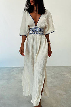 Sunlit Days Linen Blend Ethnic Printed Elastic Waist Slit Maxi Dress
