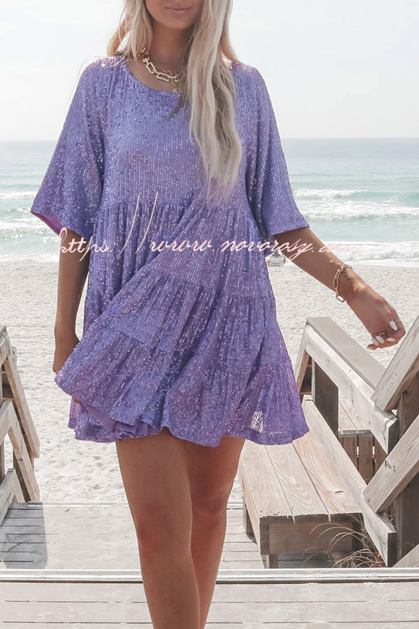 Sequined Round Neck Cute Style Mini Dress