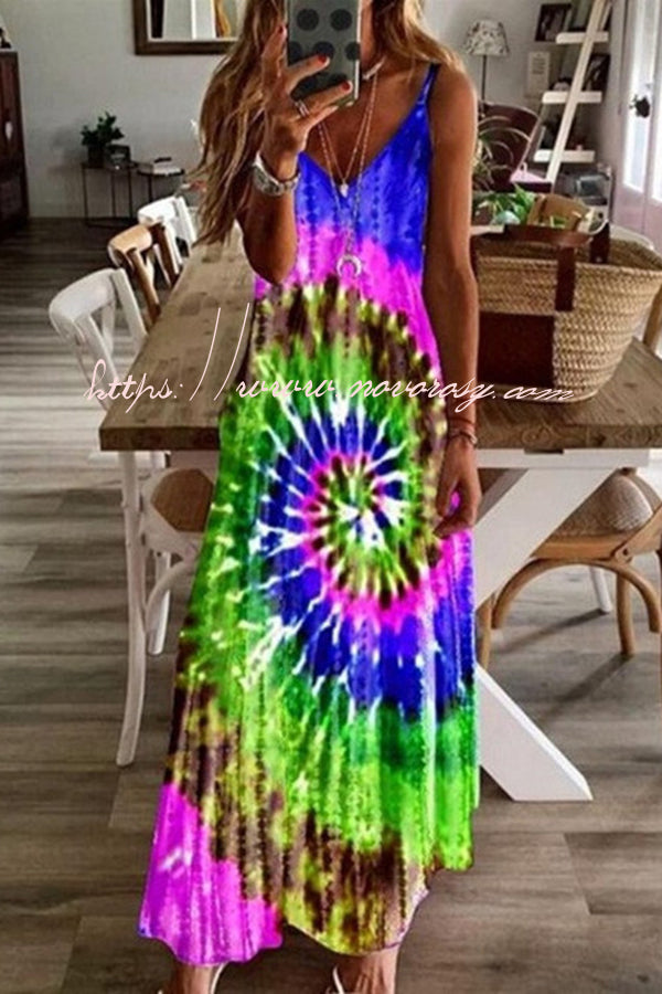 Rainbow Tie Dye Swirl Print Slip Maxi Dress