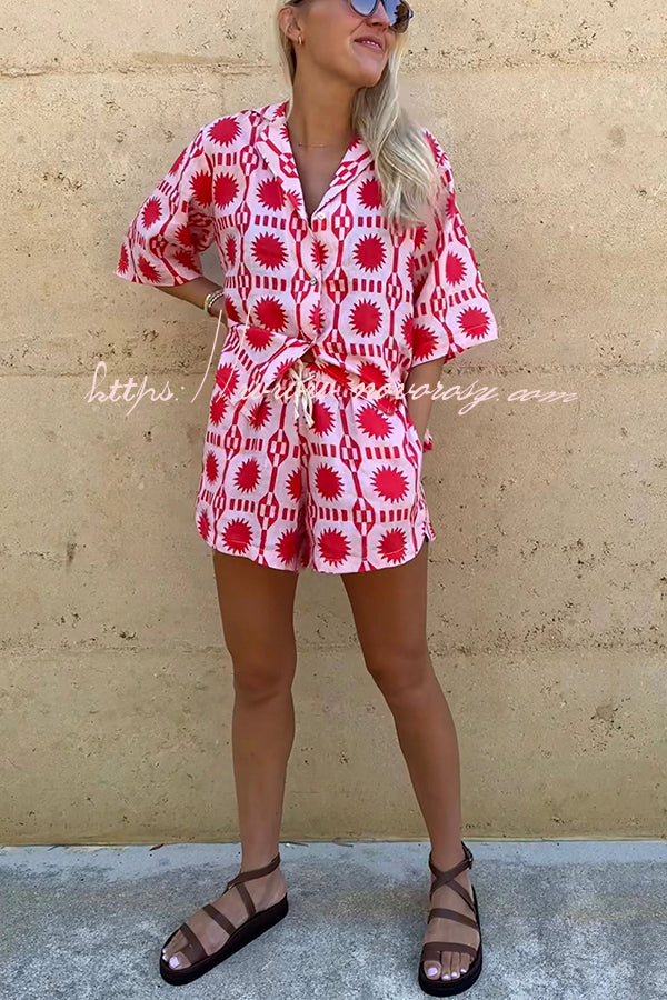 Brighten Any Day Linen Blend Sun World Printed Shirt and Elastic Waist Pocketed Shorts Set