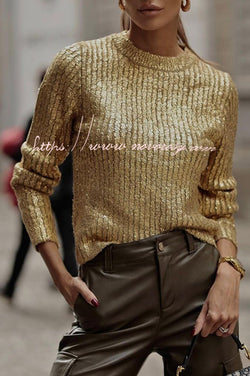 Festival Feels Golden Crew Neck Knitted Bronzing Long Sleeved Sweater
