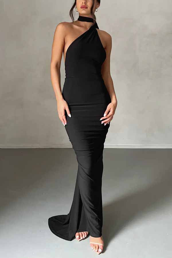 Grecian Inspired One Shoulder Side Metal Circle Design Backless Stretch Maxi Dress