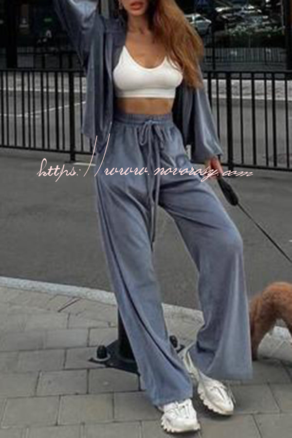 Velvet Zip Up Hooded Top and Drawstring Pants Two Piece Set