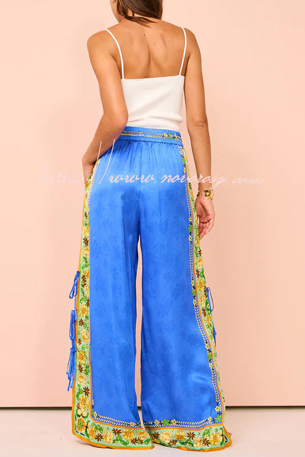 Nara Satin Unique Print Side Lace-up Tank and Elastic Waist Pocketed Wide Leg Pants Set