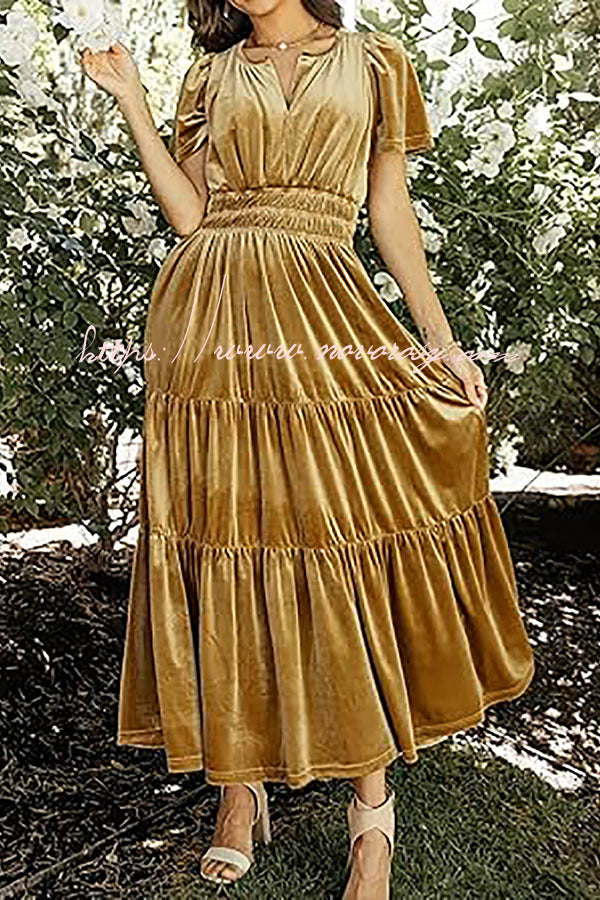 Stunning V-Neck Velvet Stretch Waist Pocket Pleated Maxi Dress