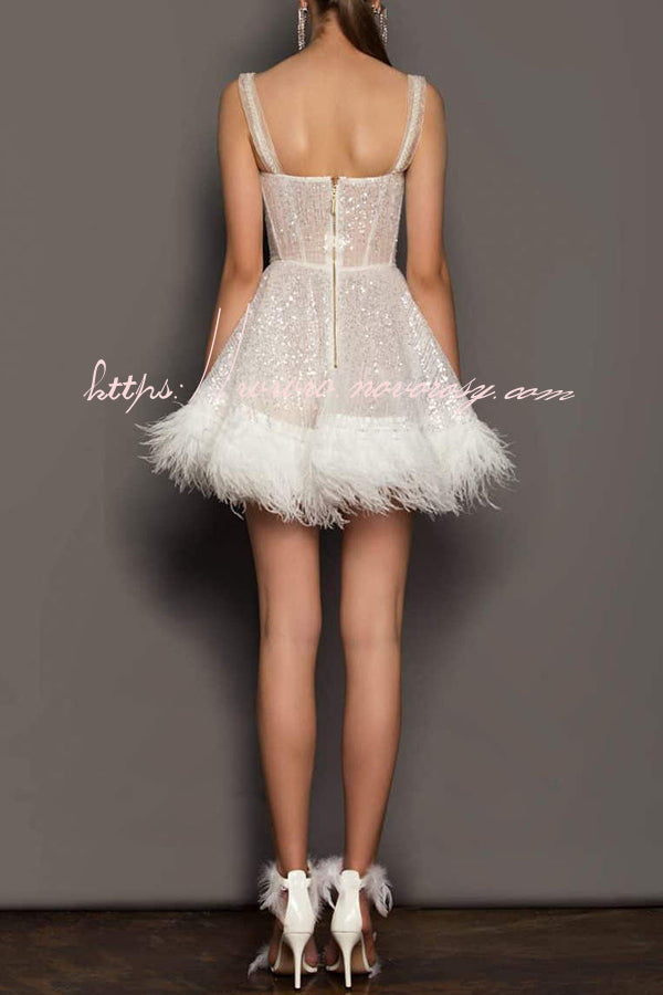Strap Feather Sequin High Waist Zip Mini Dress
