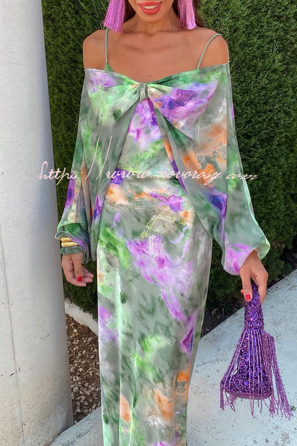 Expect The Best Tulle Tie-dye Print Maxi Dress with Removable Shawl