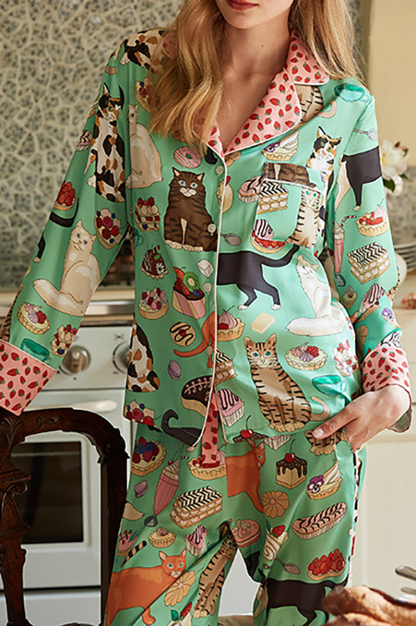 Coffee Cat Print Home Long Sleeve Two Piece Set