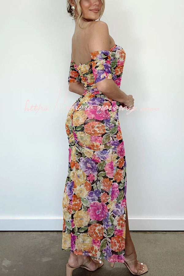 Perfect Guest Look Floral Off Shoulder Ruched Slit Maxi Dress