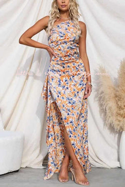 Intense Love Floral One Shoulder Asymmetrical Ruffle Trim Maxi Dress
