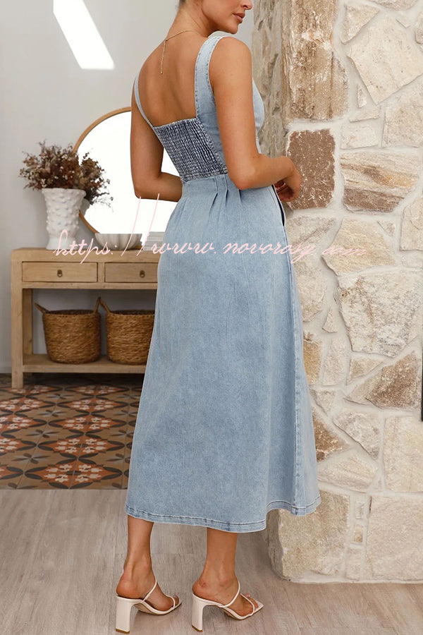 Perfect for Lunch Date Washed Button Back Smocked Pocket Denim Midi Dress
