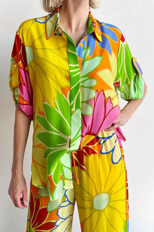 Savina Colorful Floral Print Button Down Oversized Blouse