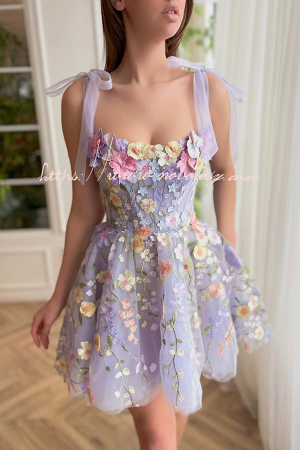 Lavender Floral Lace Up High Waisted Back Zip Mini Dress