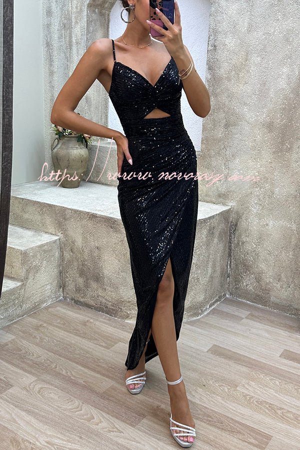Night of Luxury Sequin Cutout Ruched Slit Evening Maxi Dress