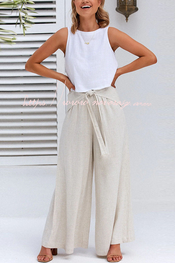 Day By Day Linen Blend Tie Elastic Waistband Wide Leg Pants