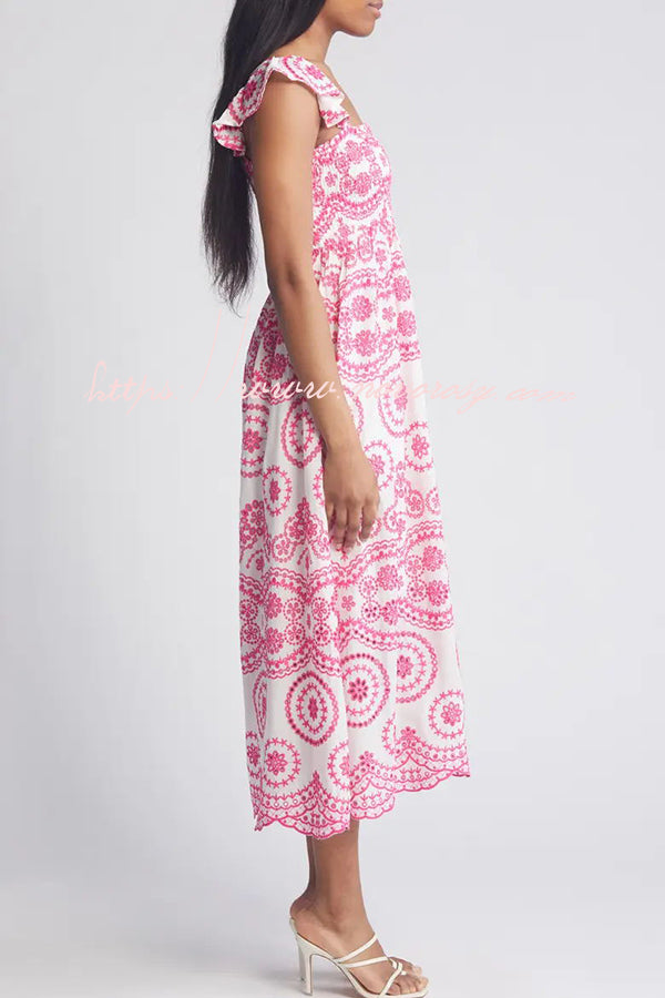 Darling & Dainty Embroidery Style Unique Print Smocked Midi Dress