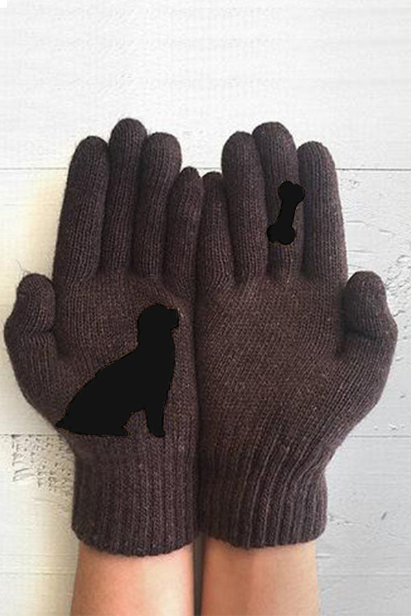 Printed Knitted Gloves Short Thickened Warm Finger Gloves-Dog