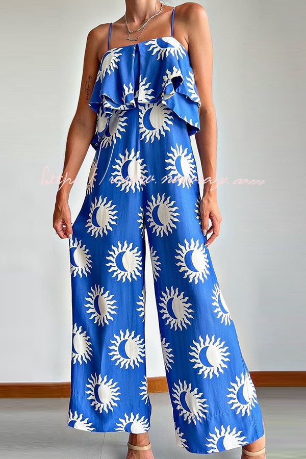 Sun and Moon Linen Blend Unique Print Ruffle Bust Pocket Wide Leg Jumpsuit