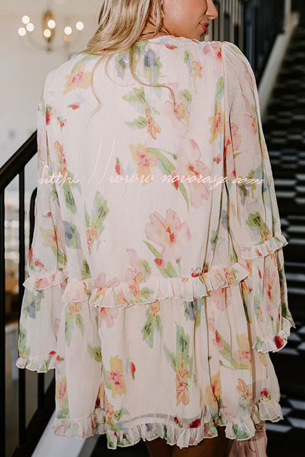 Striking Pleated Floral Print V Neck Ruffle Paneled Long Sleeve Mini Dress
